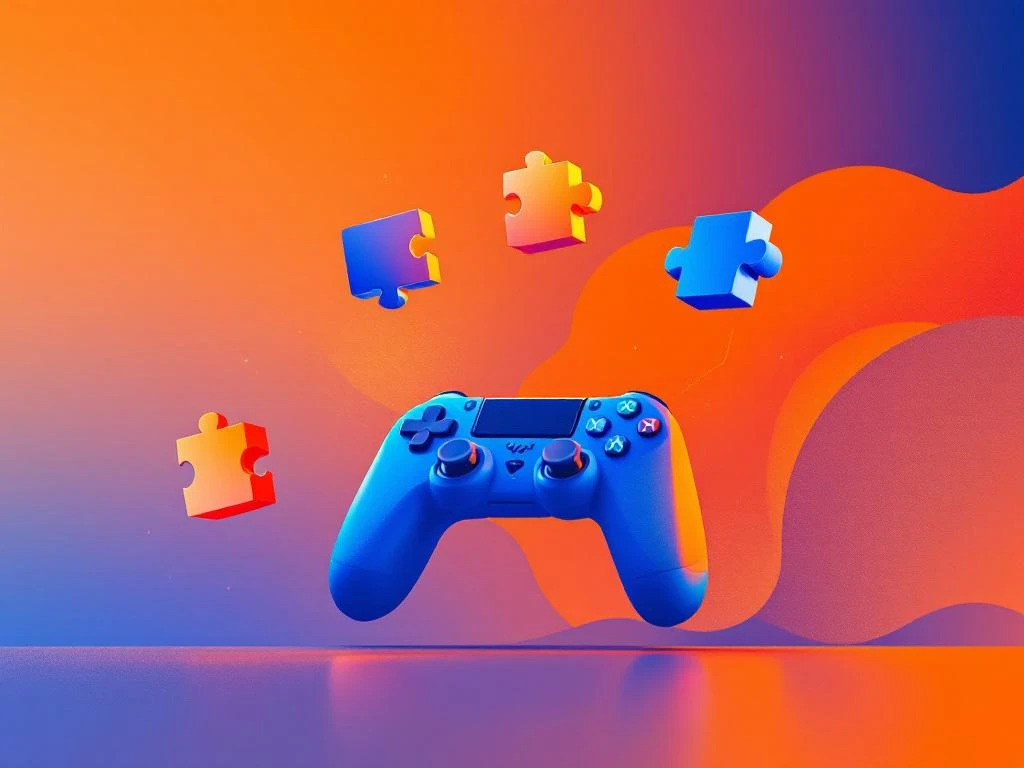 Geometrische puzzelstukken in blauw en oranje zweven en verbinden, met gamecontroller en presentatiescherm iconen