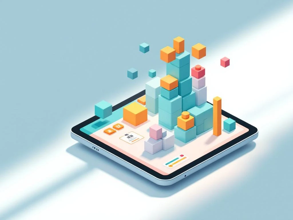 3D isometrische scène met geometrische blokken en puzzelstukken die vaardigheidsontwikkeling tonen, tablet met spelinterface