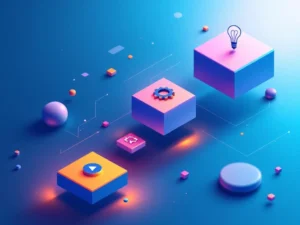 Isometrisch spelbord met zwevende stenen die projectfasen tonen via iconen: gloeilamp, tandwiel, afspeelknop en vinkje