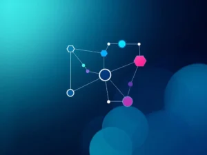 Netwerk van verbonden geometrische vormen (cirkel, driehoek, vierkant) op blauw-groene achtergrond voor stakeholder alignment