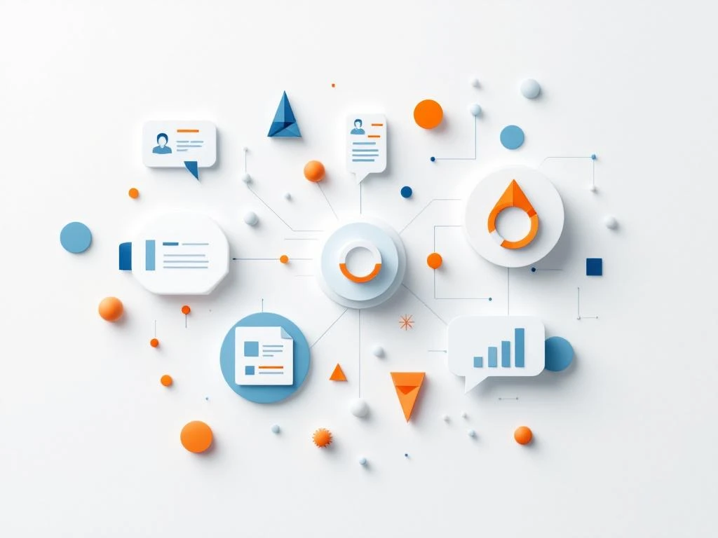 Geometrische vormen die samenwerking tussen stakeholders weergeven met blauwe en oranje accenten op witte achtergrond