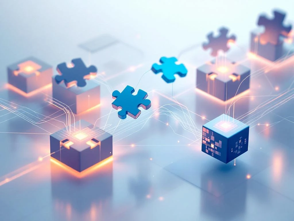 Geometrische puzzelstukjes verbonden door datastromen in blauw en oranje, symboliserend systeemintegratie