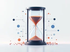 Elegante zandloper met vallend zand dat overgaat in game-elementen, omringd door tijdlijn-markers en klokken in blauw-oranje