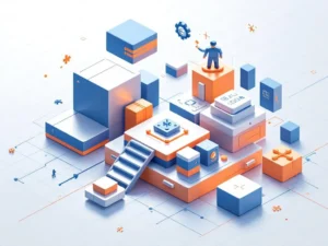 3D geometrische blokken en puzzelstukken zweven in lagen, verbonden door pijlen en tandwielen op blauwe achtergrond