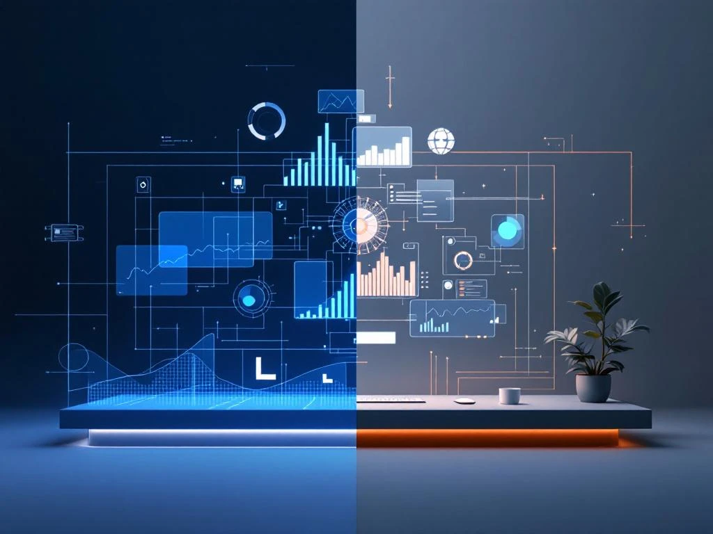 Split-screen ontwerp met blauwe wireframe simulatie links en grijze kantoorwerkplek rechts, verbonden door data-elementen