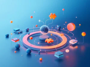 3D geometrische vormen in blauw en oranje met hersenpictogram en puzzelstukjes voor volwasseneneducatie op witte achtergrond