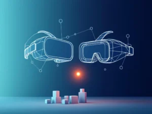 VR-headset en AR-bril silhouetten verbonden door hexagonale wireframes op navy-teal gradiënt met oranje accent punt