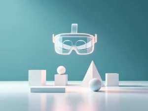 VR-headset in witte lijnen boven geometrische leermodules en trainingsomgeving met blauw-groene gradiënt achtergrond