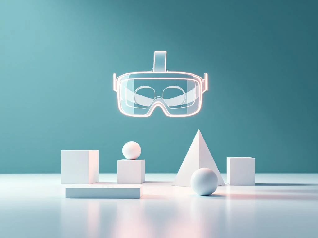 VR-headset in witte lijnen boven geometrische leermodules en trainingsomgeving met blauw-groene gradiënt achtergrond