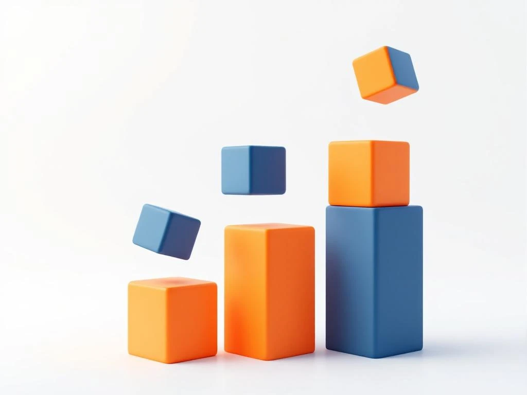 Zwevende geometrische blokken in blauw en oranje die verbinden op witte achtergrond, symboliseert groei en ontwikkeling