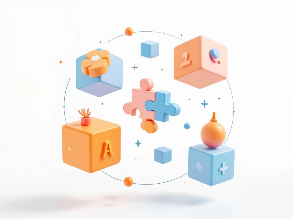 Zwevende geometrische leerblokken met game-iconen en aanpasbaar puzzelstuk in blauw-oranje gradiënten op witte achtergrond