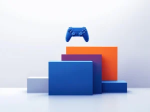 Geometrische blokken in blauw en oranje tonen budgetvisualisatie met gaming controller silhouet op witte achtergrond