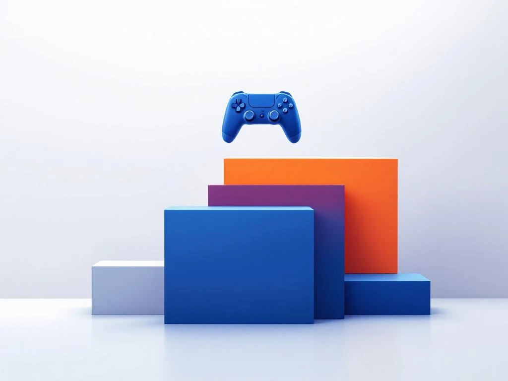 Geometrische blokken in blauw en oranje tonen budgetvisualisatie met gaming controller silhouet op witte achtergrond