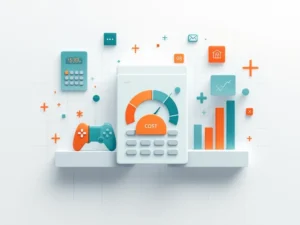 Minimalistische calculator met teal en oranje accenten op witte achtergrond, geometrische vormen en educatieve symbolen