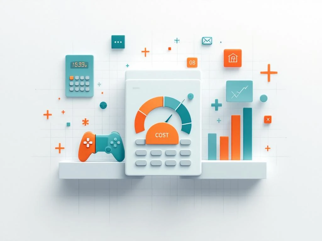 Minimalistische calculator met teal en oranje accenten op witte achtergrond, geometrische vormen en educatieve symbolen