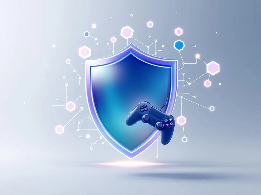 Doorschijnend schildpictogram met spelcontroller en hexagonale datanetwerken op grijze achtergrond voor edtech