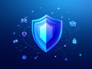 3D beveiligingsschild met geometrische patronen, omringd door gaming controller en afstudeerpet iconen op blauwe achtergrond