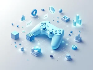 3D isometrische datavisualisatie met gamecontroller-iconen verbonden aan grafieken en datapunten in blauwtinten