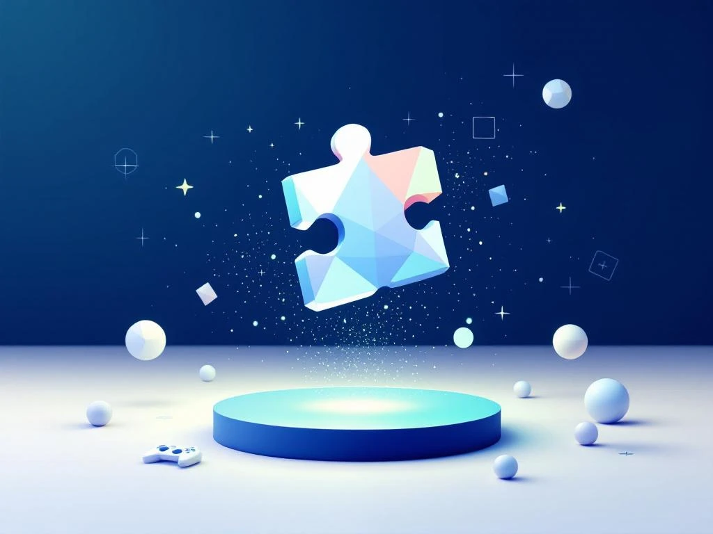 Zwevend geometrisch puzzelstuk dat oplost in digitale deeltjes, omringd door tech-elementen en game-controllers