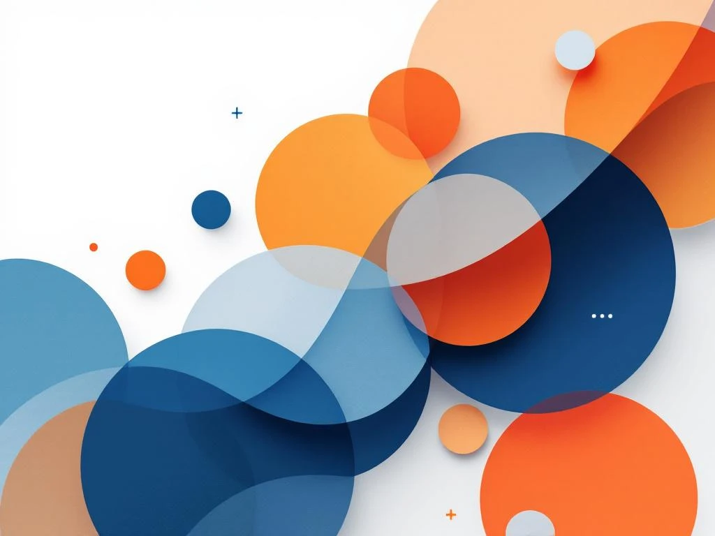 Abstracte geometrische vormen in blauw, oranje en grijs met gaming-elementen op witte achtergrond voor digitaal leren