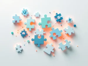 Geometrische puzzelstukjes in blauw en groen met oranje licht, verbonden door lijnen die leerproblemen en educatieve gaming symboliseren