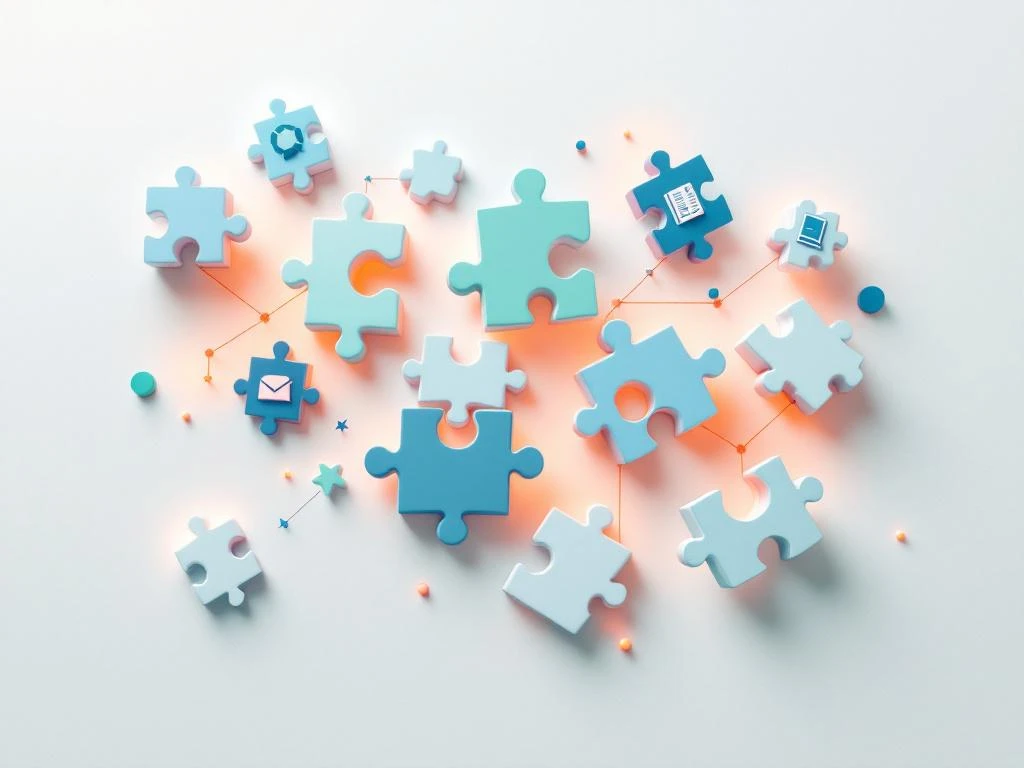 Geometrische puzzelstukjes in blauw en groen met oranje licht, verbonden door lijnen die leerproblemen en educatieve gaming symboliseren