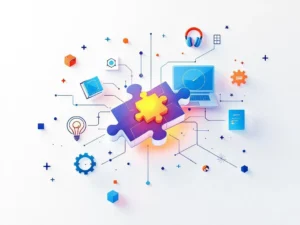 Geometrische puzzelstukken die educatieve symbolen verbinden met gaming-elementen op witte achtergrond met blauwe accenten