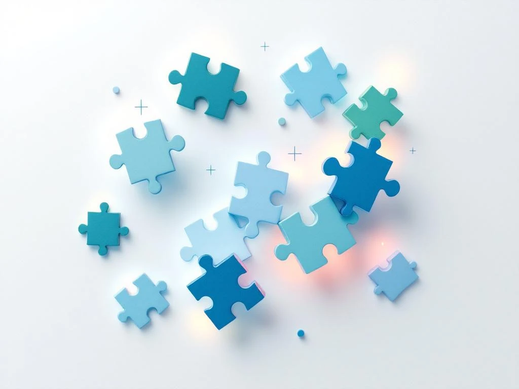 Geometrische puzzelstukjes in blauw en groen zweven in gelaagde compositie met zachte verlichting en educatieve symbolen.