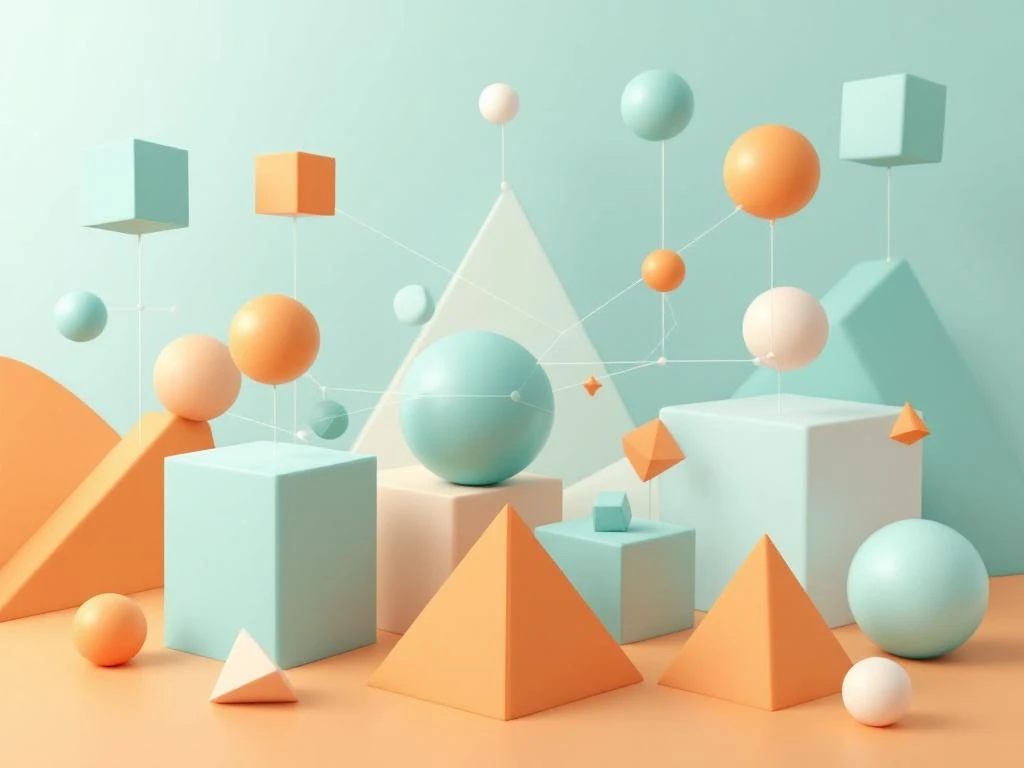 3D geometrische vormen in teal, oranje en wit verbonden door lichtstralen, symboliserend collaboratief leren en onderwijs.