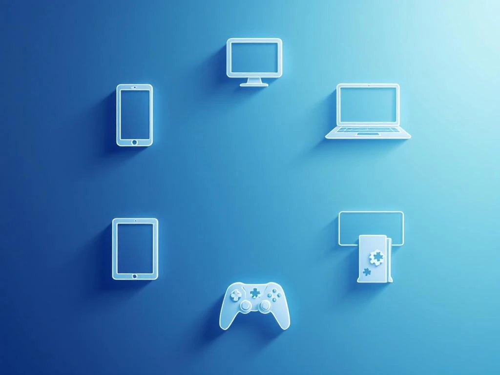 Vijf witte apparaatsilhouetten (smartphone, tablet, laptop, monitor, gameconsole) in cirkel op blauwe achtergrond