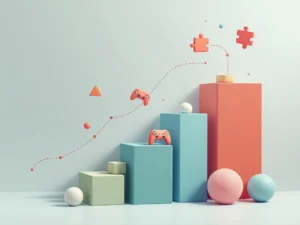 Geometrische bouwblokken in trapvorm met zwevende game controllers en puzzelstukjes, verbonden door stippellijnen op witte achtergrond.