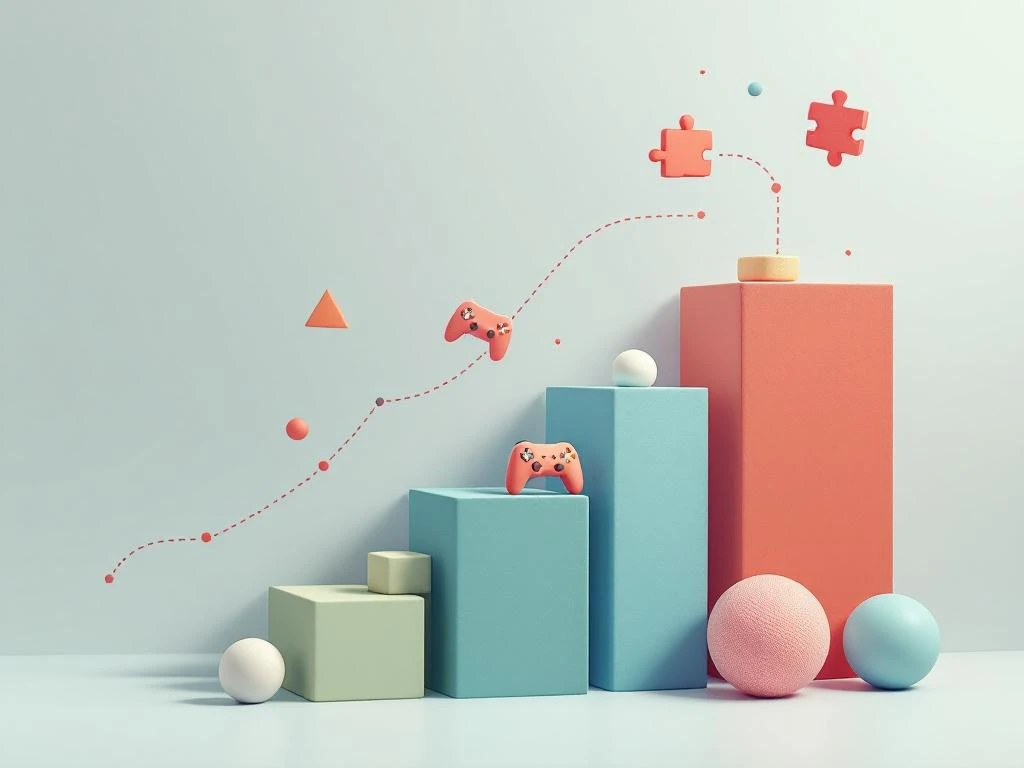 Geometrische bouwblokken in trapvorm met zwevende game controllers en puzzelstukjes, verbonden door stippellijnen op witte achtergrond.