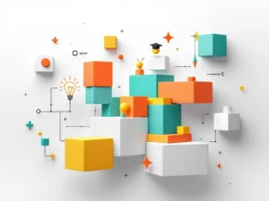 Geometrische bouwstenen en puzzelstukjes zweven in minimalistische compositie met educatieve iconen in teal, oranje en geel