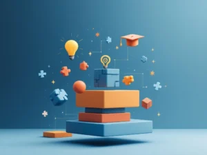 Zwevende geometrische leerblokken met game controller elementen en educatieve pictogrammen in blauw en oranje tinten