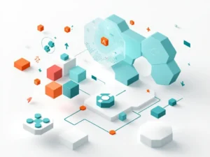 Geometrische gamecontroller-elementen en educatieve symbolen in minimalistische compositie met teal en oranje accenten