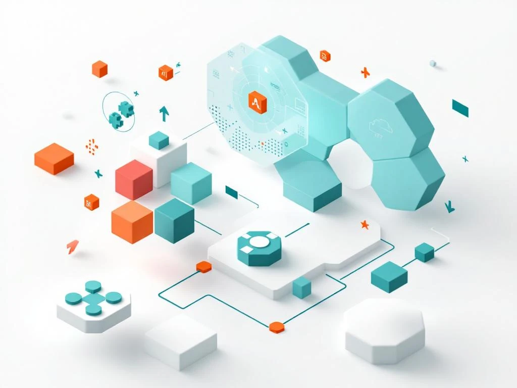 Geometrische gamecontroller-elementen en educatieve symbolen in minimalistische compositie met teal en oranje accenten