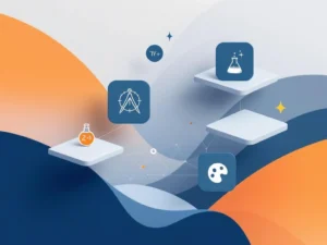 Onderwijssymbolen in geometrisch netwerk: boek, passer, beker en palet verbonden op blauwe achtergrond