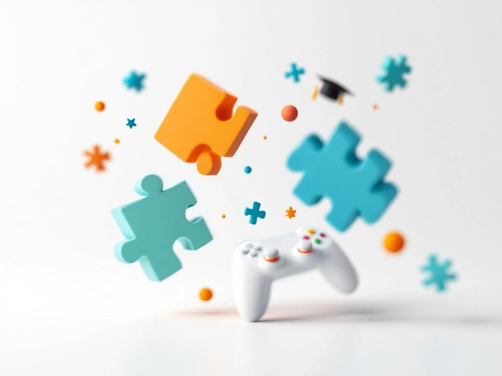 Zwevende geometrische puzzelstukken in teal en oranje die gaming- en onderwijselementen vormen op witte achtergrond