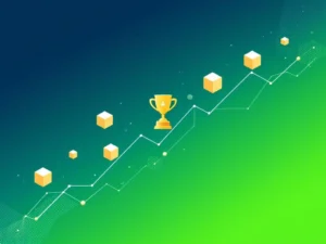 Gouden trofee-icoon omringd door zwevende geometrische game-elementen en voortgangsbalken op blauw-groene achtergrond