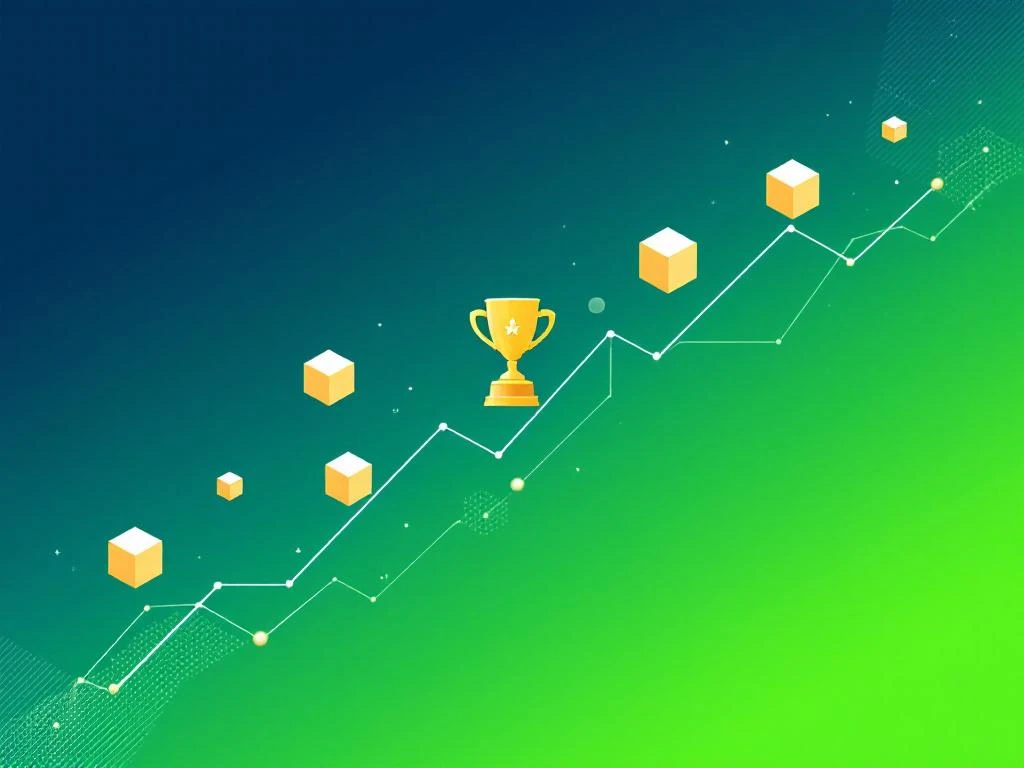 Gouden trofee-icoon omringd door zwevende geometrische game-elementen en voortgangsbalken op blauw-groene achtergrond