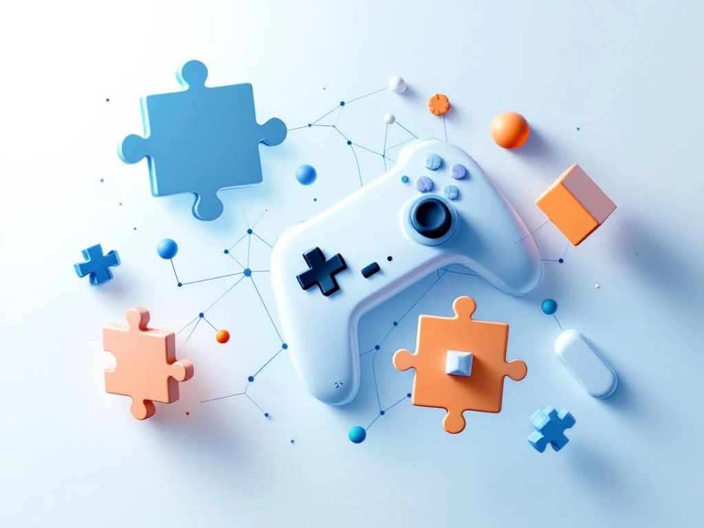 Geometrische puzzelstukken die transformeren tot game controllers en hersensyapsen, blauw-wit met oranje accenten