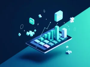 Calculator toont stijgende grafieken en ROI-percentages, omringd door game controllers en puzzelstukjes op blauwgroene achtergrond