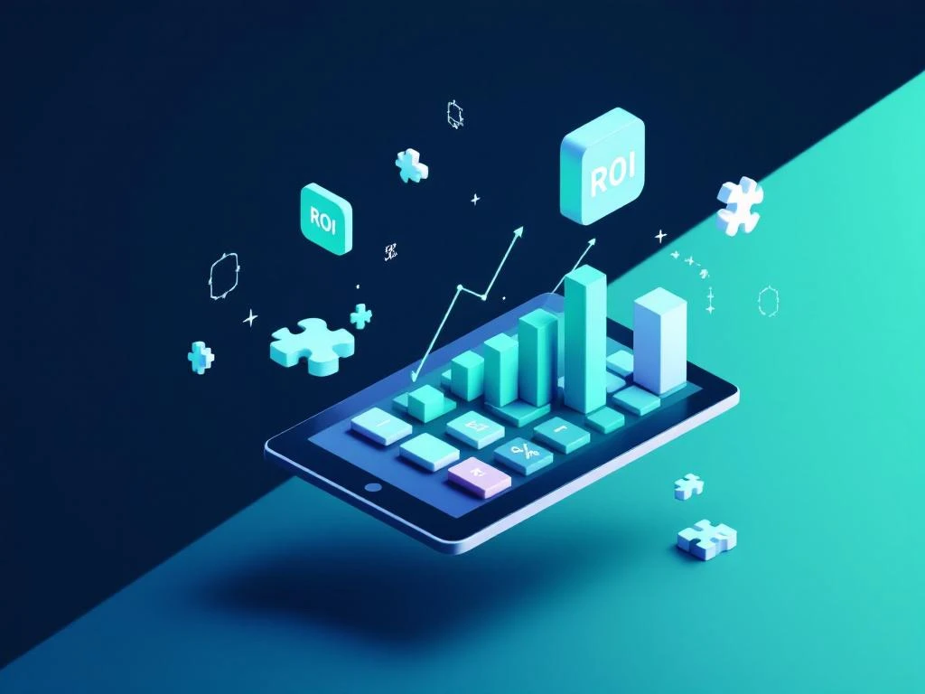 Calculator toont stijgende grafieken en ROI-percentages, omringd door game controllers en puzzelstukjes op blauwgroene achtergrond
