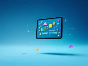 Zwevende tablet toont kleurrijke educatieve game-elementen op blauwe gradiënt achtergrond met geometrische lijnen