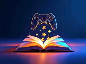 Spelcontroller zweeft boven open boek met puzzelstukken, geometrische vormen op blauw-oranje achtergrond voor educatieve technologie