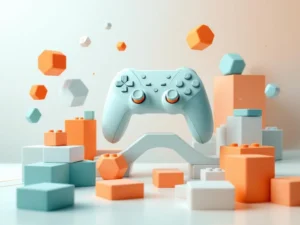 Minimalistische compositie met geometrische game controller elementen en educatieve blokken in teal en oranje tinten