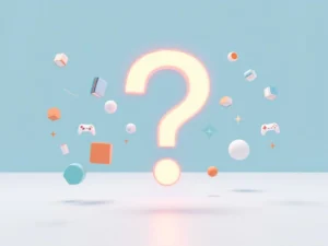 Groot gloeiend vraagteken omringd door geometrische vormen, game controllers en boeksymbolen op blauwe achtergrond