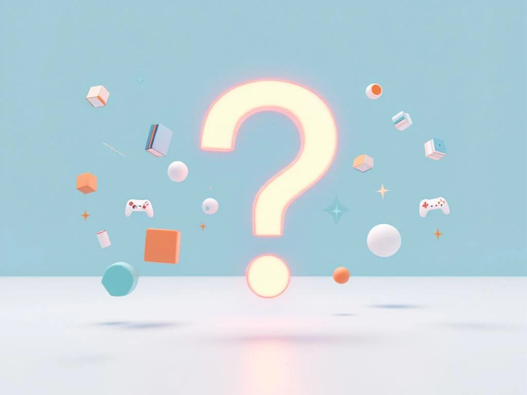 Groot gloeiend vraagteken omringd door geometrische vormen, game controllers en boeksymbolen op blauwe achtergrond