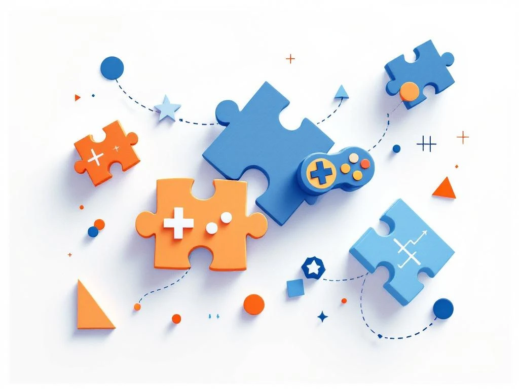 Zwevende puzzelstukjes in blauw en oranje die transformeren naar game controllers en educatieve symbolen op witte achtergrond