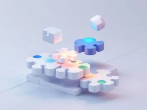 Geometrische puzzelstukken in blauw-groene tinten drijven gelaagd op witte achtergrond, symboliserend educatieve verbindingen